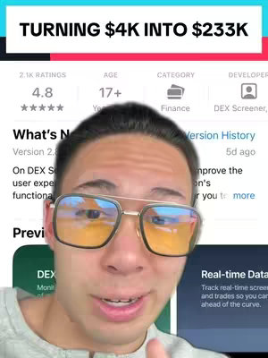 A selfie-style shot with the person in the foreground, looking slightly surprised and making eye contact with the camera. The background displays a partial app store screen and text. The person wears glasses with a bright yellow tint, and the overall color scheme is dominated by the blue and white of the app store interface.