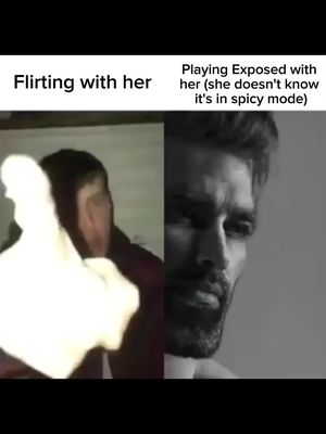 The image is split into two parts. The left side features a blurred, shadowy image of a person. The right side shows a black and white drawing of a stern man with a strong jawline and intense eyes. Above, text suggests this image conveys a message about flirting and relationships.