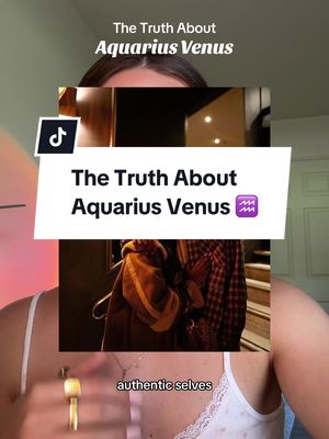 A vertical video cover with a woman's face partially visible at the top, overlaid with text and graphics. The top banner says 'The Truth About Aquarius Venus'. A central graphic element reads 'The Truth About Aquarius Venus' with the Aquarius symbol. The bottom shows a partial view of a person with red plaid shirt and a beige jacket. A TikTok logo is placed on the top left. The background appears to a room.