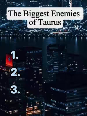 An aerial view of a city at night with many lights. In the foreground, tall buildings are visible with a dark sky above. A white rectangular text overlay dominates the top, with the title 'The Biggest Enemies of Taurus.' Below, the numbers '1', '2', and '3' are labelled with a white font with a darker background.