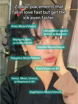 The cover image features a young woman with dark hair, styled with a side part and a few loose strands framing her face. She is wearing a black top, and her hand is gently touching her cheek. Overlayed on the image are several text boxes in a bright green color, each containing a zodiac placement related to how quickly someone falls in love and loses interest. The background color is a gradient.