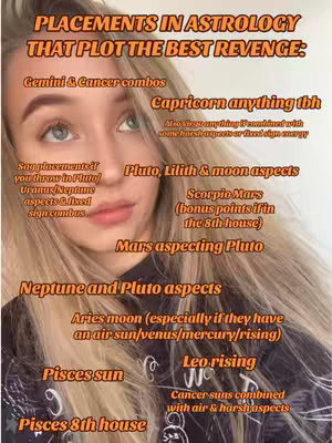 A selfie-style image featuring a young woman with long blonde hair, angled with her right side facing the camera. She has light skin and is looking slightly upward, giving a thoughtful expression. The image is overlaid with text in various locations, listing astrological placements and correlating them with revenge. The typography is simple, with dark text on a light background, and colors are a mix of pale yellow and other lighter shades, creating a balanced visual appeal.