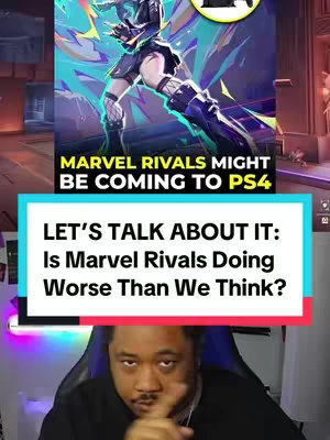 The cover image is a vertical video thumbnail. The top portion displays a dynamic illustration of a female character from Marvel Rivals in a combat pose. Below, a bright turquoise rectangle provides the backdrop for text that suggests a discussion about the game's performance: 'LET'S TALK ABOUT IT: Is Marvel Rivals Doing Worse Than We Think?' At the bottom, the creator is seated, looking forward at the camera, with a partially visible background