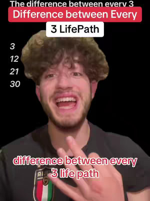 A young man with curly brown hair is centered. Above him, text in a red box reads 'The difference between every'. Below, more text in white says '3 LifePath'. To the left of the man, four numbers are listed: 3, 12, 21, and 30. At the bottom, text appears in a red bar: 'difference between every 3 life path'. The background appears dark.