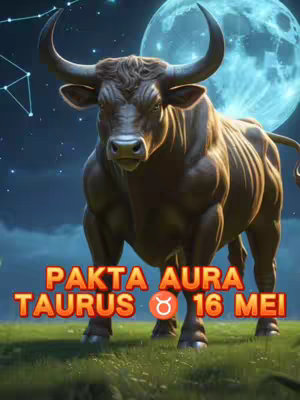 The image features a large, muscular bull in a dramatic pose against a night sky background with a full moon and stars. The bull is dark brown with large horns and appears to be made of stone or a similar material. Overlayed on the foreground in a vibrant orange and red gradient, the text "PAKTA AURA TAURUS ♉ 16 MEI" is displayed. The overall composition is bold and eye-catching, with the bull dominating the frame.