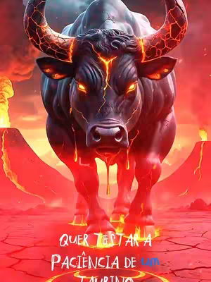 A digital artwork featuring a large, imposing bull with a dark, textured body, glowing orange eyes, and fiery details on its horns and body. The bull stands in a fiery red landscape with volcanic formations, and the words "Quer testar a paciência de um taurino?" are written in a bold, white font at the bottom.