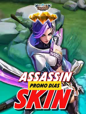 An action shot from the Mobile Legends game featuring a female character holding a sword. The background is green with rocks. The image has text overlays.