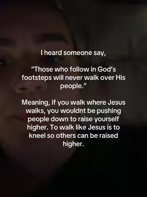 A close-up shot of a person's face, with a blurry background. Text overlays the image, discussing faith and helping others.