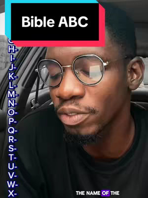 A cover image features a close-up of a man wearing glasses, looking slightly downwards. Above him, text in a colored box reads "Bible ABC". A list of letters from C through X is displayed vertically along the left side, in a blue color, while the name "THE NAME OF THE" is shown at the bottom.