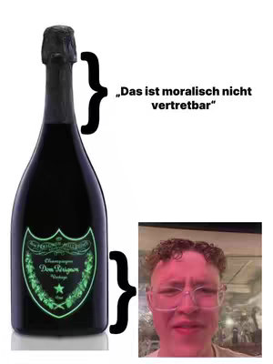 The image shows a bottle of Dom Pérignon champagne with a text overlay and a small photo of a person reacting. The champagne bottle is the main element, set against a white background. To the right of the bottle, the frame contains a photo of a person with glasses, looking concerned. The color palette is clean, with the bottle's dark green and neon green logo providing contrast against the white background.