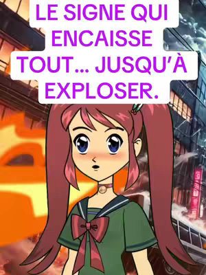 An anime-style illustration of a young girl with long red pigtails, dressed in a school uniform against a blurred city background. A text overlay at the top reads "LE SIGNE QUI ENCAISSE TOUT... JUSQU'A EXPLOSER". The girl appears surprised.