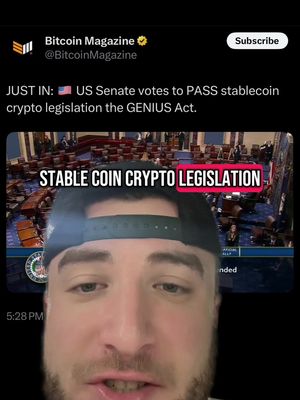 A selfie-style video with a man in the foreground. The background displays a screenshot of a news article about crypto legislation. A banner that says, "STABLE COIN CRYPTO LEGISLATION" has been added to the original background content. The creator is wearing a baseball hat, and the lighting appears to be natural.