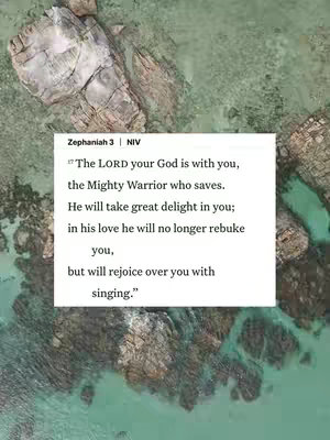 An aerial view of a natural scene, mostly water with areas of rock and green vegetation. A textual overlay sits in the center, featuring a Bible verse.