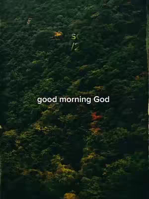 An aerial view shows a dense forest canopy, with varying shades of green and hints of orange and yellow, suggesting autumn. The text 'good morning God' is overlaid on the image.