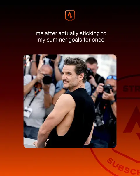 The image shows Pedro Pascal at an event, with the text overlayed. The background is filled with photographers, with orange and red gradients.