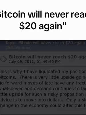 The image shows a screen capture of an old post predicting that Bitcoin would never reach $20 again. The overlaid text quotes the post, against a white backdrop with the original Bitcoin forum post below