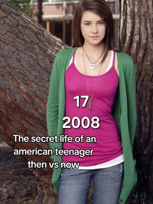 The cover image features a young woman standing in front of a tree. She is wearing a pink tank top, a green cardigan, and blue jeans. Text is overlaid on the image, including the years "2008" and "17", as well as the phrase "The secret life of an american teenager then vs now". The overall composition is bright and focuses on the central figure.