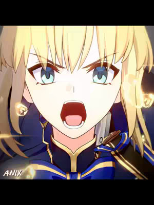 An anime character with blonde hair and blue eyes is shown making an intense and emotional facial expression. The character has an open mouth, suggesting they are yelling or expressing surprise or anger. The character is against a blurred background to emphasize the figure's expression and a golden glow effect.
