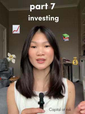 A woman with long black hair, wearing a white top, is the central focus. Above her, text reads 'part 7 investing'. Emojis of a rising graph, books, flying money, and a money bag are scattered around her. The background is a lightly colored wall, and a microphone is visible.