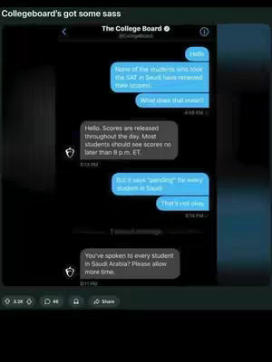 The cover image displays a screen capture of a text message conversation between a user and "The College Board". Blue message bubbles with text are on the right side. A user inquiry "What does that mean?" is posed. The College Board replies with information about SAT scores. There are also elements of the Twitter interface visible at the top.