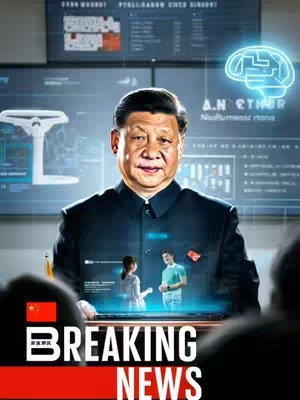 The image is a digital composite featuring a central portrait of a man, presumably in a position of authority, likely political, set against a background of digital displays and overlaid text. The man is in a dark suit, centered and positioned with a slightly upward gaze. The background includes representations of technology, such as circuit-like visuals, and a glowing brain graphic, along with text that seems to suggest data or news. At the bottom, the words 'BREAKING NEWS' appear in bold, capitalized white letters and red background. The top display reads 'ROLLBARRON ENGG SPENSH'. A Chinese flag on the lower left further sets the context.