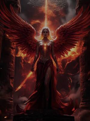 A digitally created image of a winged figure, likely an angel or mythical being, in a dramatic setting. The figure stands centered against a backdrop of fiery red and orange hues, possibly representing flames or an apocalyptic scene. The figure has long blond hair and is clad in a red dress. They have large wings that mirror the color palette of the background. In their right hand is a sword. The composition is symmetrical, with the figure facing towards the viewer, and the background consisting of what seems like imposing architecture. The lighting is intense and suggestive of either divine or infernal power.