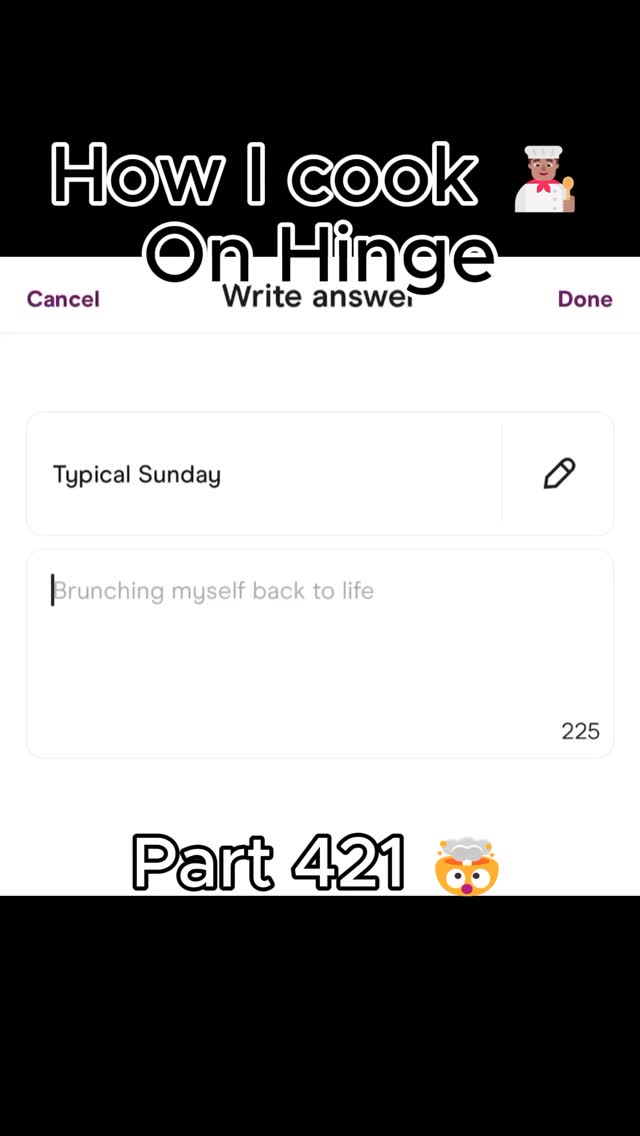 The image is a screenshot from the Hinge dating app, with a white background and black overlay text. The text overlay reads, "How I cook On Hinge." There are text boxes with content and a chef emoji.