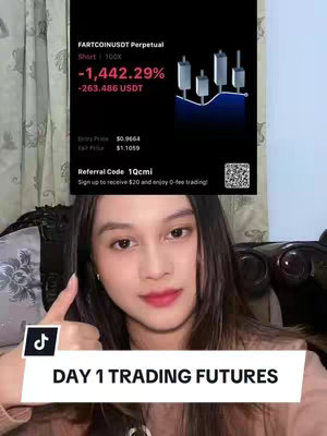 A woman with long dark hair smiles and gives a thumbs-up. Above her is an informational graphic about a cryptocurrency, with a black background and red and white text. The graphic is framed by a white banner at the bottom with the text 'DAY 1 TRADING FUTURES'. The Tiktok logo sits on the left.