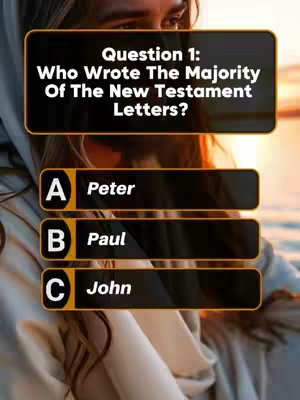 The image features a quiz about the Bible. Question 1 is displayed along with answer choices A, B, and C. The background shows a blurred image of a person. The text is rendered in a clear, readable font against a dark background with a gold outline.