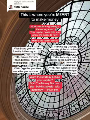 The cover image displays a circular, stained-glass window with a complex geometric pattern. Overlaid on this background are several text boxes with white text on black or red backgrounds, listing points about making money related to astrology. The text is arranged in a visually organized manner.