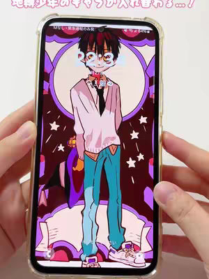 A person holds a smartphone displaying a dynamic live wallpaper featuring anime characters. The phone's screen shows an anime character in the middle and some text, the colors are vibrant with a purple theme.