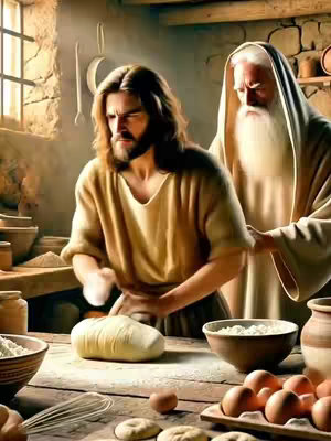A digitally rendered image depicting Jesus and another man, likely an older figure, in a rustic kitchen setting. Jesus, with long brown hair and a beard, is focused on kneading dough on a wooden countertop. The older man, standing slightly behind and to the right, is wearing a white robe and has a long white beard. Various elements like bowls, eggs, and other kitchen utensils are scattered around the work area, creating a scene reminiscent of biblical times.