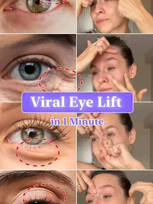 The image is a collage of close-up shots of a person's eyes and face, combined with the person's hands demonstrating face massage techniques. The shots are organized in a grid, and the central element is a purple banner labeled 'Viral Eye Lift', with 'in 1 Minute' below it and several sections of the person's hand holding their face in a demonstration of how to massage their face using the hands. The overall colors are muted, with the person's skin tones as the primary color.