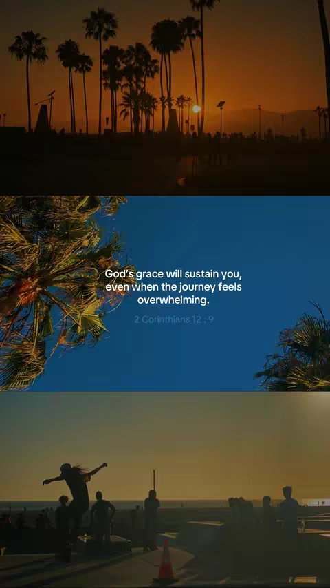 The image is a vertical split shot featuring three distinct sections. The top section displays a sunset over a beach, with silhouettes of palm trees dominating the horizon. The sky transitions from a warm orange to a darker hue. The middle section shows a vibrant blue sky with text overlaid, appearing to be a motivational quote. The bottom section shows a continuation of the beach scene with silhouettes of people skateboarding against the backdrop of another sunset.