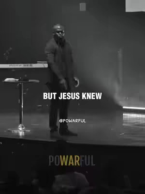 A black and white image shows a man on a stage, illuminated by a spotlight from the right. Text overlays state "BUT JESUS KNEW" with the username "@POWARFUL" below. The bottom of the image includes the word "POWARFUL".