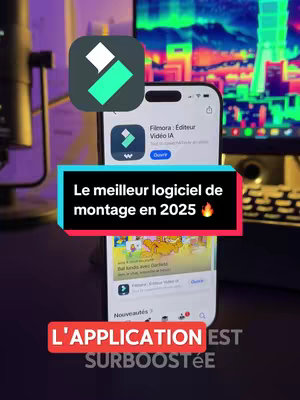 The image showcases a smartphone displaying the Filmora app on its screen. The app's logo, a stylized 'W' with a green and white design, is visible. Text overlays in French highlight the app's features and comparisons to CapCut, a popular video editing app. The phone is positioned against a backdrop of a lit-up technology setup.