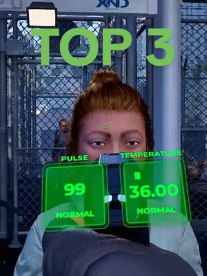 A person's face is shown dead-center in the image, with the top part of their body visible. In the background, behind a metal grate, are two more people. Overlaid on the image, around the person’s eyes, are translucent green UI elements displaying health readouts like temperature and pulse. Above them, in large green text, is a 'TOP 3'.