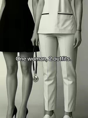 A black and white photo of a woman standing next to her own legs in two different outfits. On the left, the legs are in a black, short dress and black heels. On the right, the legs are in white pants and white shoes, with a white medical uniform jacket visible above. A stethoscope is held by the right hand.