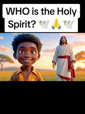 The cover image features an animated scene with a black child smiling in the foreground and a CGI depiction of Jesus in the background. Above, text asks 'WHO is the Holy Spirit?' with dove and praying hands emojis.