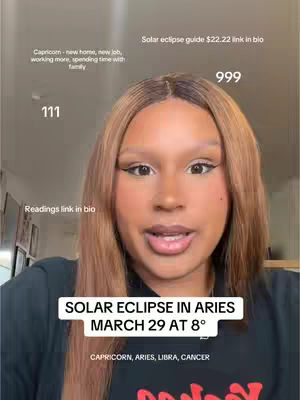 A woman with light brown hair is centered in a selfie-style video. Text overlays provide information about a solar eclipse. The woman looks directly at the camera, with soft lighting and a neutral background. Various text elements are scattered around the image, offering context and details.