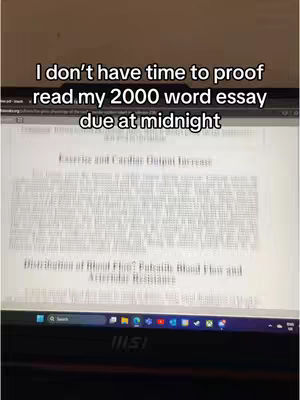 The image shows a laptop screen displaying an essay. Above the screen, there's text overlayed. The essay's content is densely packed and difficult to read. Below the screen, the laptop and its surroundings are visible.