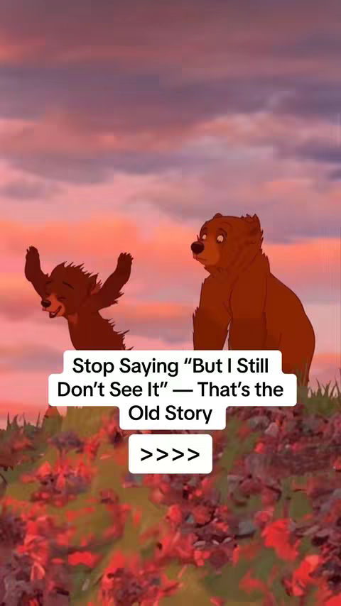 An animated scene depicting two bears in a natural setting. One bear stands at the right, looking down, while the other is running towards the left with arms up. The background consists of a sunset with shades of orange and purple, with the bottom showing green grass.