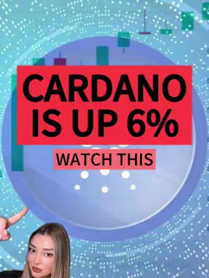 A woman points towards the text overlay 'CARDANO IS UP 6%' on a background that has a blue and white gradient. A chart with green, dark and light blue bars is in the top third. The woman has long blonde hair and is looking at the camera.