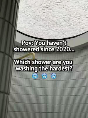 The image shows a shower interior with a curved wall and tiled pattern. There's a showerhead in the center, and text overlays at the top and bottom.