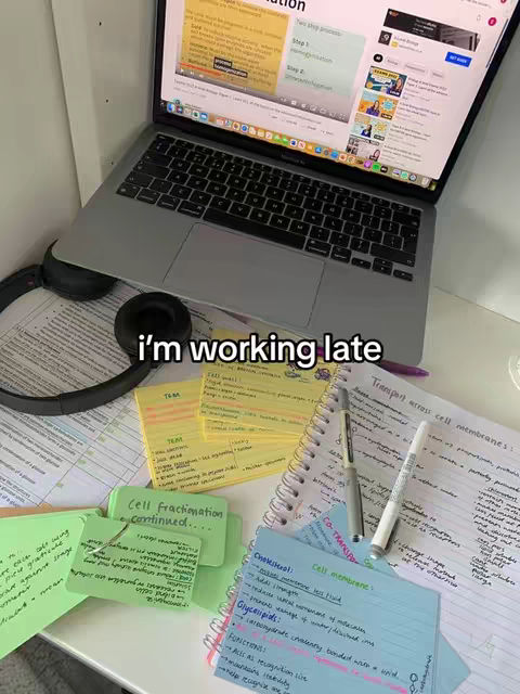 A desk is covered in study materials: a laptop displaying a webpage, notebooks with handwritten notes, sticky notes, and pens. The scene is bathed in natural light. The image is from the perspective of someone studying at night.
