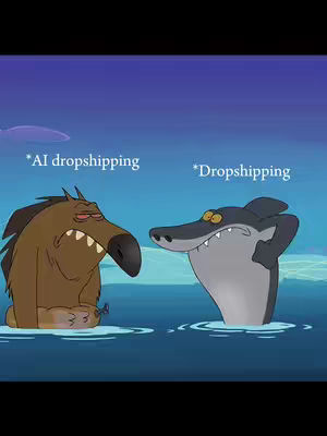 An animated image depicting two anthropomorphic animals in water. On the left, a brown, grumpy-looking creature is labeled '*AI dropshipping'. On the right, a shark-like character with a confused expression is labeled '*Dropshipping'. The background features a dark blue sky and water.