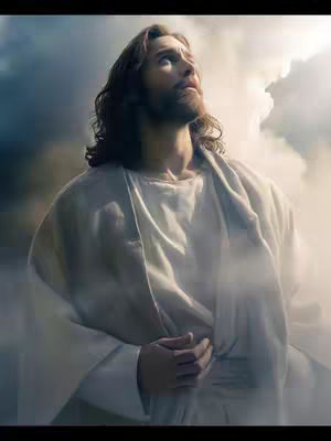 The image showcases a depiction of Jesus, rendered with a soft, ethereal lighting. He is positioned with his head tilted upwards, as if looking towards the heavens. His facial expression appears serene and reverent. He is dressed in a white robe, which drapes over his form. Surrounding him are soft, cloud-like forms, that create a sense of depth and spirituality.