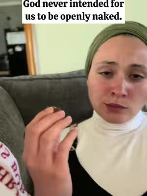 A woman with a green head covering is looking at the camera. The hook text is white and in a banner at the top of the image.