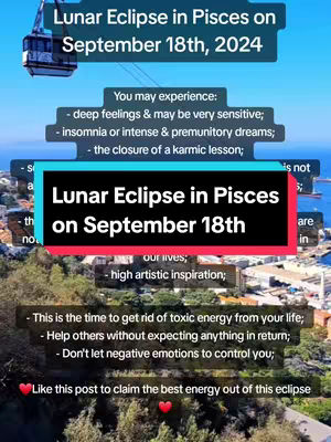 The cover image is vertically oriented. It features a sky with clouds and what appears to be a cable car. There are text overlays throughout the image. The main overlay is a black box with white text that reads Luna Eclipse in Pisces on September 18th. Other text overlays give additional astrological information.