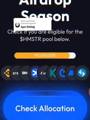 The cover image is a screenshot of an app interface with a dark blue background. The top of the image has the text "AirDrop Season" in large white letters. In the middle, there is an orange bar showing 90.004235%, representing progress. Below, there are several circular logos. At the bottom is a large, blue button labeled "Check Allocation". A comment bubble overlay from the TikTok user is placed at the top left corner with a question: "kpn listing".